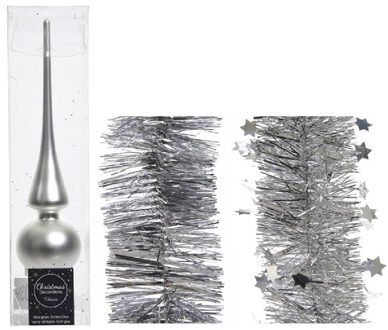 Decoris Kerstversiering glazen piek mat 26 cm en folieslingers pakket zilver van 3x stuks