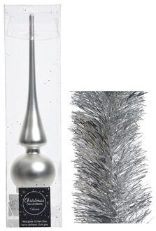 Decoris Kerstversiering glazen piek mat 26 cm en folieslingers pakket zilver van 3x stuks