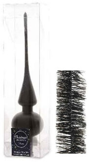 Decoris Kerstversiering glazen piek mat 26 cm en folieslingers pakket zwart van 3x stuks