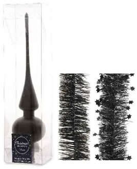 Decoris Kerstversiering glazen piek mat 26 cm en folieslingers pakket zwart van 3x stuks