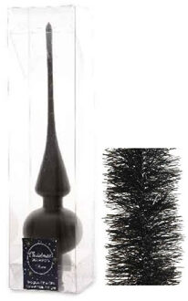 Decoris Kerstversiering glazen piek mat 26 cm en folieslingers pakket zwart van 3x stuks