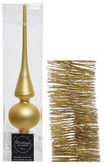 Decoris Kerstversiering glazen piek mat 26 cm en glitter folieslingers pakket goud van 3x stuks