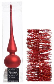 Decoris Kerstversiering glazen piek mat 26 cm en glitter folieslingers pakket rood van 3x stuks