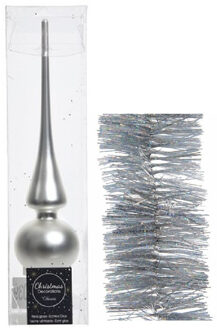 Decoris Kerstversiering glazen piek mat 26 cm en glitter folieslingers pakket zilver van 3x stuks