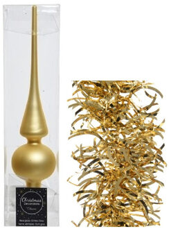 Decoris Kerstversiering glazen piek mat 26 cm en golf folieslingers pakket goud van 3x stuks