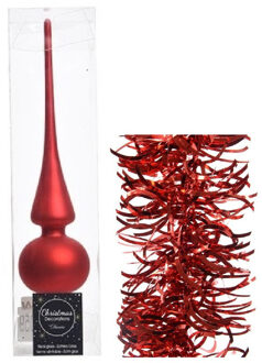 Decoris Kerstversiering glazen piek mat 26 cm en golf folieslingers pakket rood van 3x stuks