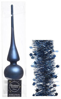 Decoris Kerstversiering glazen piek mat 26 cm en sterren folieslingers pakket donkerblauw van 3x stuks
