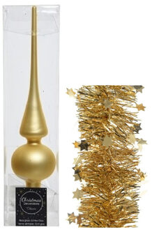 Decoris Kerstversiering glazen piek mat 26 cm en sterren folieslingers pakket goud van 3x stuks