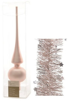 Decoris Kerstversiering glazen piek mat 26 cm en sterren folieslingers pakket lichtroze van 3x stuks