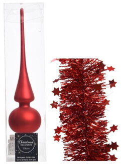 Decoris Kerstversiering glazen piek mat 26 cm en sterren folieslingers pakket rood van 3x stuks