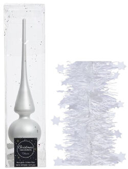 Decoris Kerstversiering glazen piek mat 26 cm en sterren folieslingers pakket winter wit van 3x stuks