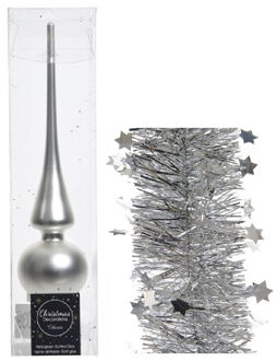 Decoris Kerstversiering glazen piek mat 26 cm en sterren folieslingers pakket zilver van 3x stuks