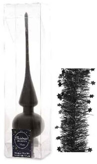 Decoris Kerstversiering glazen piek mat 26 cm en sterren folieslingers pakket zwart van 3x stuks