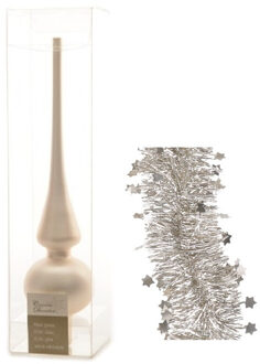 Decoris Kerstversiering glazen piek mat 26 cm en sterren slingers pakket licht parel/champagne van 3x stuks