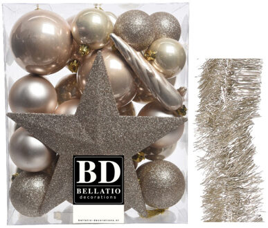 Decoris Kerstversiering kerstballen 5-6-8 cm met ster piek en folieslingers pakket champagne van 35x stuks - Kerstbal Champagnekleurig