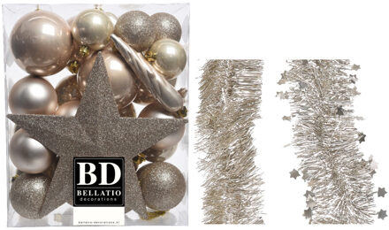 Decoris Kerstversiering kerstballen 5-6-8 cm met ster piek en folieslingers pakket champagne van 35x stuks - Kerstbal Champagnekleurig