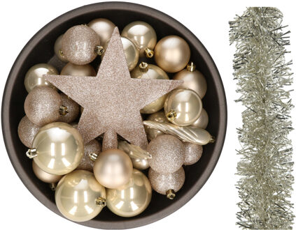 Decoris Kerstversiering kerstballen 5-6-8 cm met ster piek en folieslingers pakket champagne van 35x stuks - Kerstbal Champagnekleurig