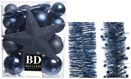 Decoris Kerstversiering kerstballen 5-6-8 cm met ster piek en folieslingers pakket donkerblauw van 35x stuks