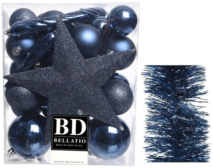 Decoris Kerstversiering kerstballen 5-6-8 cm met ster piek en folieslingers pakket donkerblauw van 35x stuks