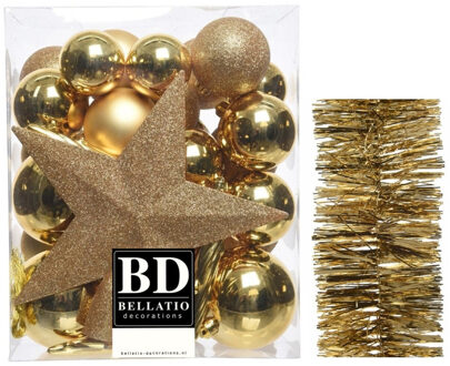 Decoris Kerstversiering kerstballen 5-6-8 cm met ster piek en folieslingers pakket goud van 35x stuks - Kerstbal Goudkleurig