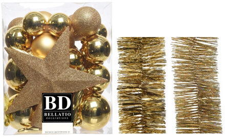 Decoris Kerstversiering kerstballen 5-6-8 cm met ster piek en folieslingers pakket goud van 35x stuks - Kerstbal Goudkleurig