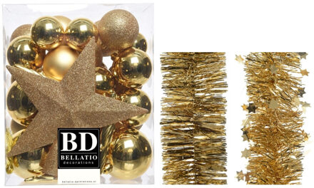 Decoris Kerstversiering kerstballen 5-6-8 cm met ster piek en folieslingers pakket goud van 35x stuks - Kerstbal Goudkleurig