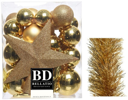 Decoris Kerstversiering kerstballen 5-6-8 cm met ster piek en folieslingers pakket goud van 35x stuks - Kerstbal Goudkleurig