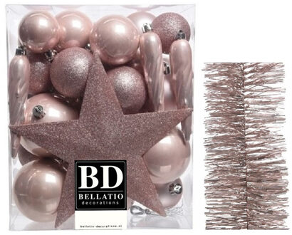 Decoris Kerstversiering kerstballen 5-6-8 cm met ster piek en folieslingers pakket lichtroze van 35x stuks