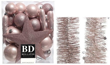 Decoris Kerstversiering kerstballen 5-6-8 cm met ster piek en folieslingers pakket lichtroze van 35x stuks