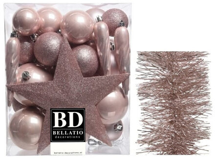 Decoris Kerstversiering kerstballen 5-6-8 cm met ster piek en folieslingers pakket lichtroze van 35x stuks