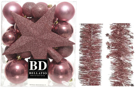 Decoris Kerstversiering kerstballen 5-6-8 cm met ster piek en folieslingers pakket oud roze van 35x stuks - Kerstbal