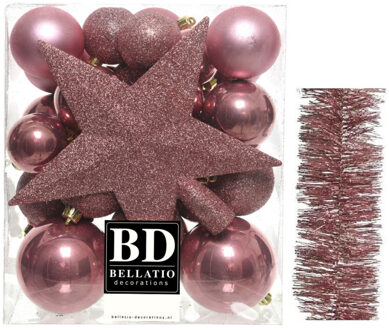 Decoris Kerstversiering kerstballen 5-6-8 cm met ster piek en folieslingers pakket oud roze van 35x stuks