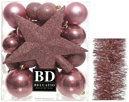 Decoris Kerstversiering kerstballen 5-6-8 cm met ster piek en folieslingers pakket oud roze van 35x stuks