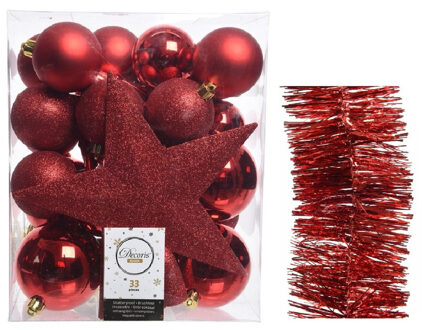 Decoris Kerstversiering kerstballen 5-6-8 cm met ster piek en folieslingers pakket rood van 35x stuks - Kerstbal