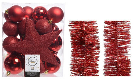 Decoris Kerstversiering kerstballen 5-6-8 cm met ster piek en folieslingers pakket rood van 35x stuks - Kerstbal