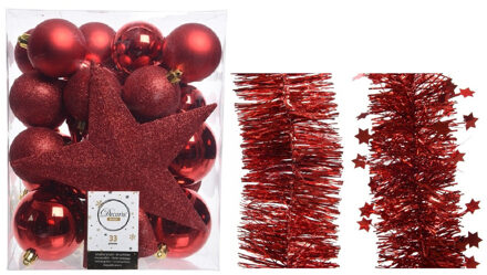 Decoris Kerstversiering kerstballen 5-6-8 cm met ster piek en folieslingers pakket rood van 35x stuks - Kerstbal