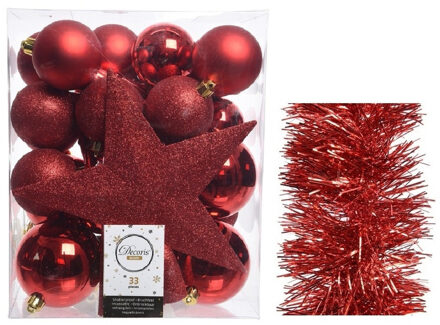 Decoris Kerstversiering kerstballen 5-6-8 cm met ster piek en folieslingers pakket rood van 35x stuks