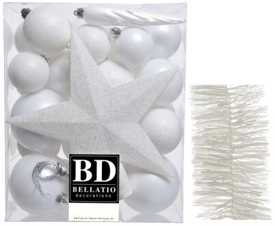 Decoris Kerstversiering kerstballen 5-6-8 cm met ster piek en folieslingers pakket winter wit van 35x stuks