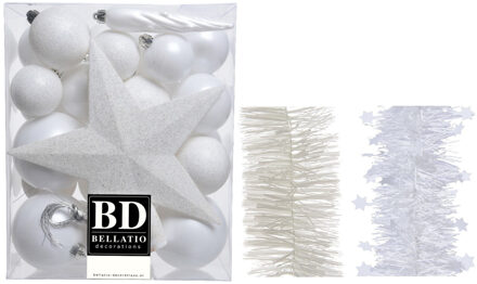 Decoris Kerstversiering kerstballen 5-6-8 cm met ster piek en folieslingers pakket winter wit van 35x stuks