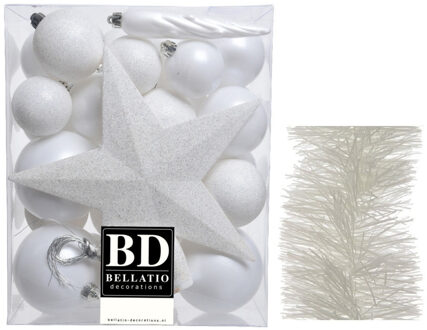 Decoris Kerstversiering kerstballen 5-6-8 cm met ster piek en folieslingers pakket winter wit van 35x stuks