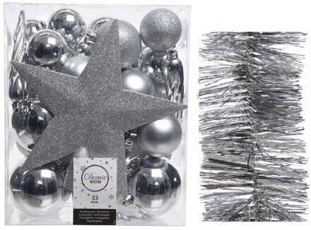 Decoris Kerstversiering kerstballen 5-6-8 cm met ster piek en folieslingers pakket zilver van 35x stuks