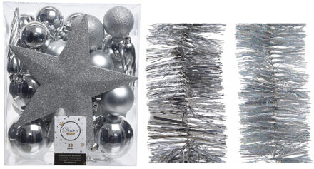 Decoris Kerstversiering kerstballen 5-6-8 cm met ster piek en folieslingers pakket zilver van 35x stuks
