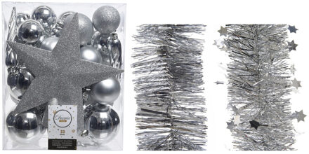 Decoris Kerstversiering kerstballen 5-6-8 cm met ster piek en folieslingers pakket zilver van 35x stuks