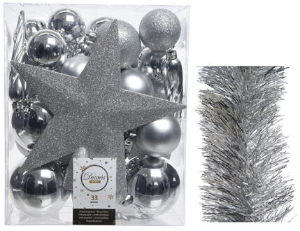 Decoris Kerstversiering kerstballen 5-6-8 cm met ster piek en folieslingers pakket zilver van 35x stuks