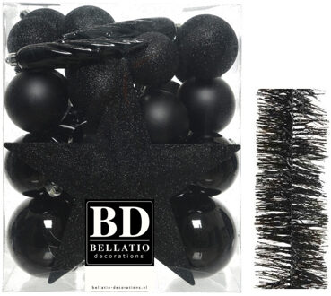 Decoris Kerstversiering kerstballen 5-6-8 cm met ster piek en folieslingers pakket zwart van 35x stuks