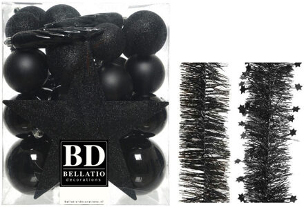 Decoris Kerstversiering kerstballen 5-6-8 cm met ster piek en folieslingers pakket zwart van 35x stuks