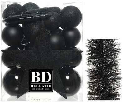 Decoris Kerstversiering kerstballen 5-6-8 cm met ster piek en folieslingers pakket zwart van 35x stuks