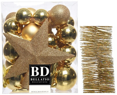 Decoris Kerstversiering kerstballen 5-6-8 cm met ster piek en glitter slingers pakket goud van 35x stuks