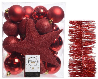 Decoris Kerstversiering kerstballen 5-6-8 cm met ster piek en glitter slingers pakket rood van 35x stuks - Kerstbal