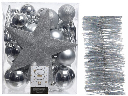 Decoris Kerstversiering kerstballen 5-6-8 cm met ster piek en glitter slingers pakket zilver van 35x stuks